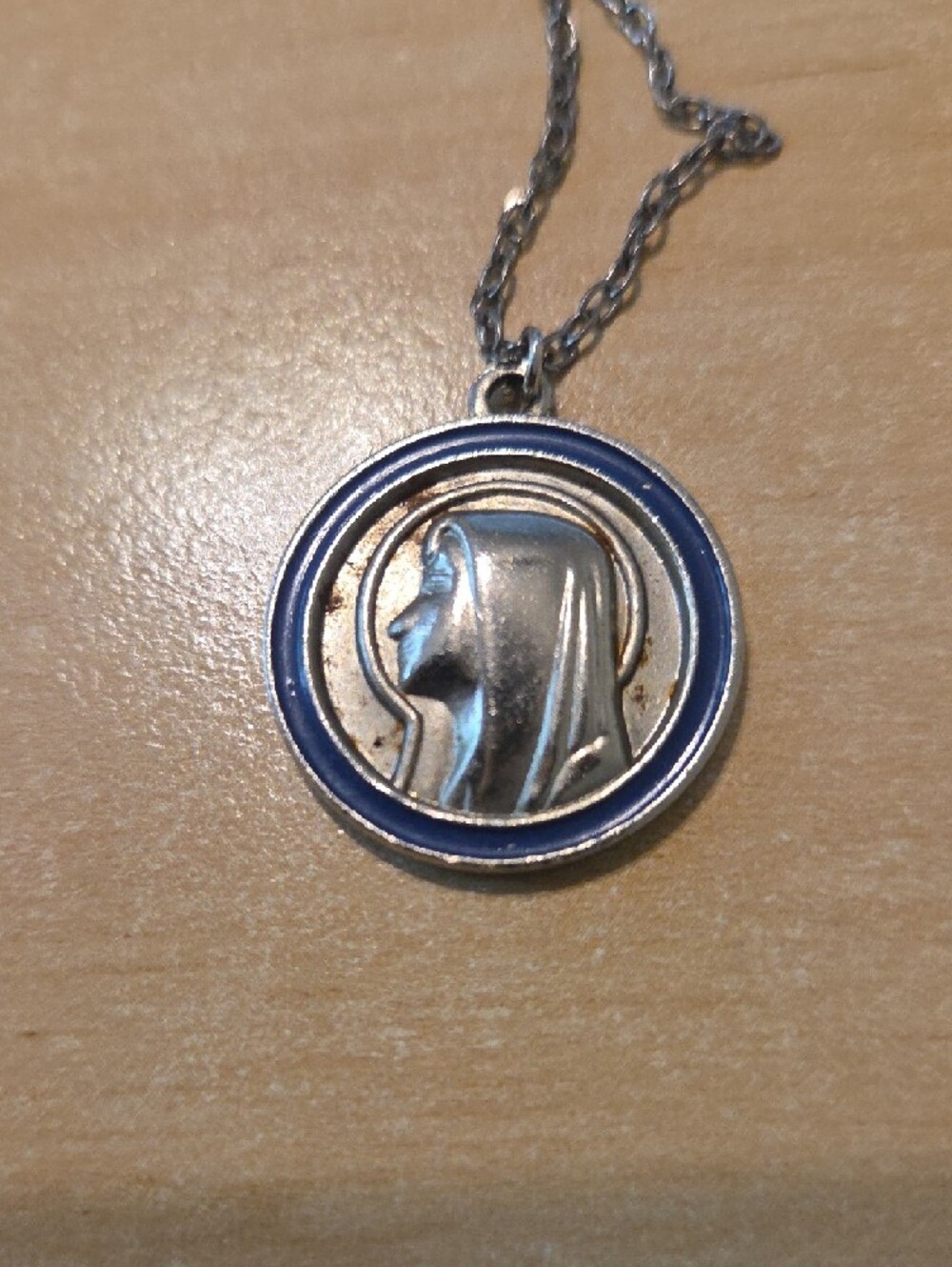 Mother Mary Madonna pendant Silver-Tone Blue Enamel Religious Pendant Necklace - Picture 8 of 9
